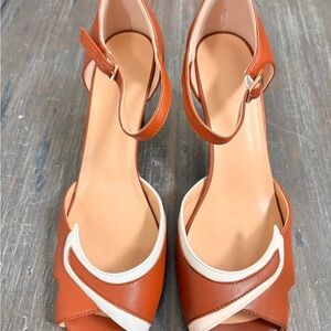 Open Toe Brown and White 3 inch Heels with Delicate Ankle Straps